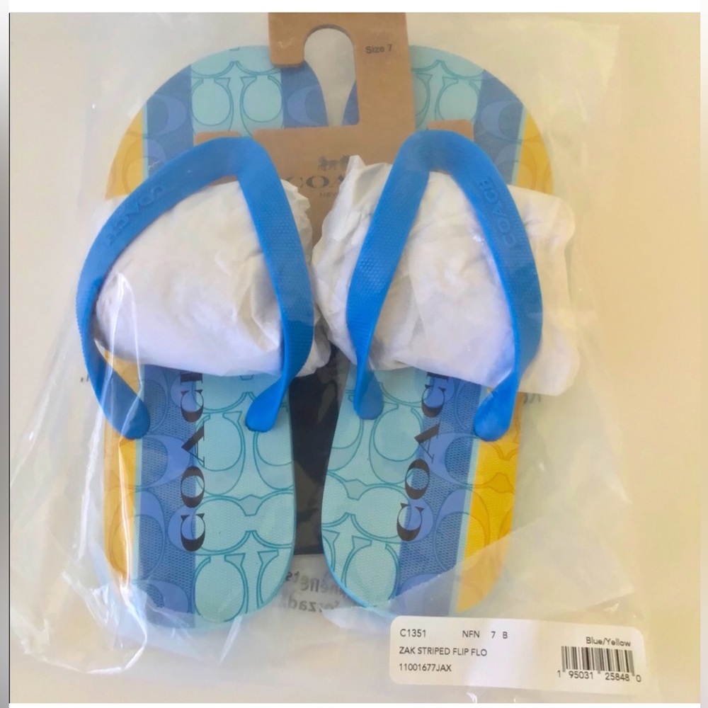 Coach NEW Zak Signature Vibrant Blue and Yellow Flip Flops Sandals-NWT InPackage - Picture 3 of 12